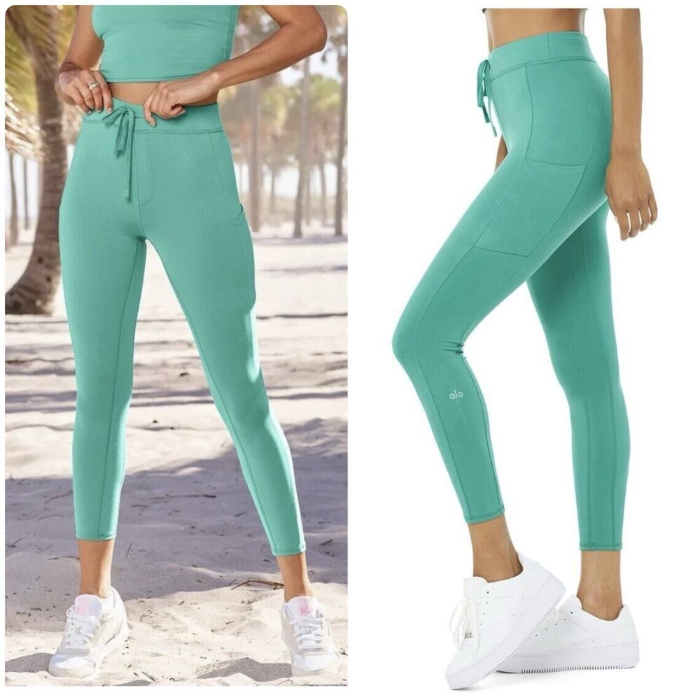 Alo Yoga Checkpoint 7/8 Leggings High Waist Drawstring Pockets Ocean Teal Sz XS
